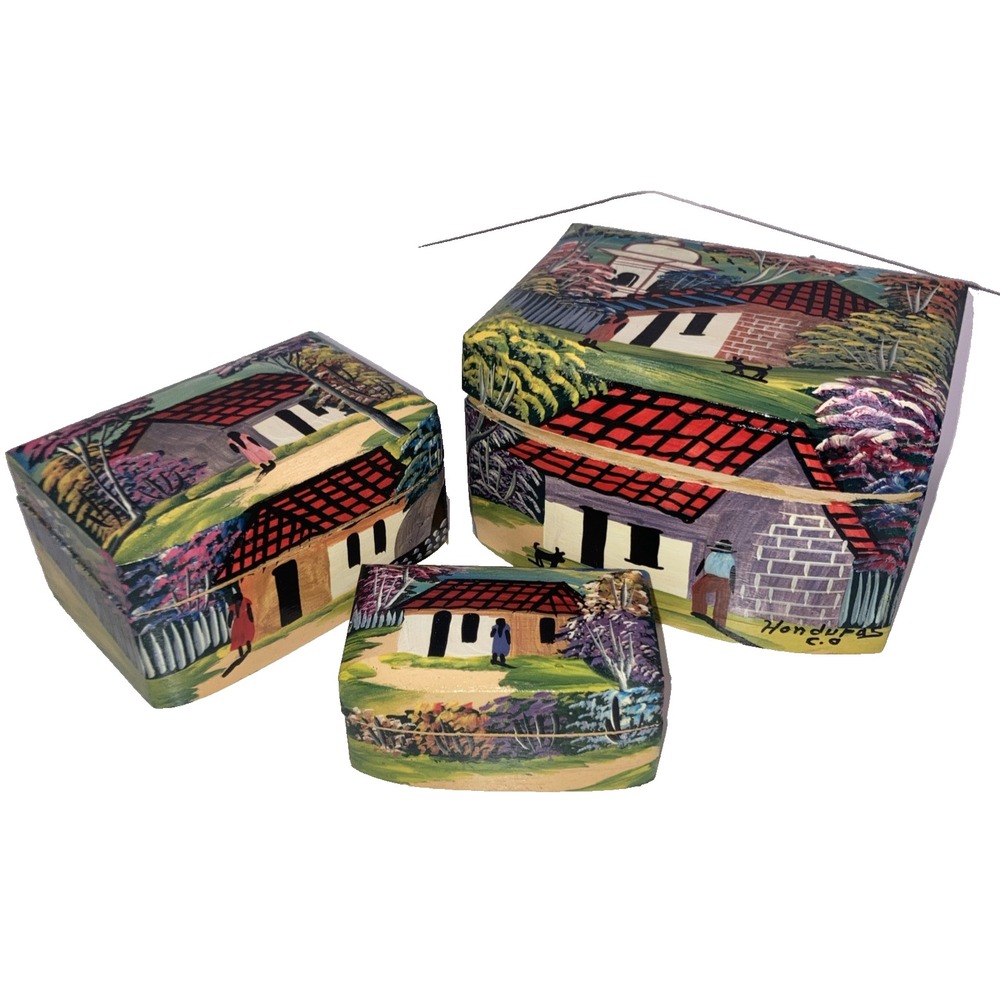 3 Vtg Honduras Hand Painted Nesting Trinket Boxes Folk Art Signed